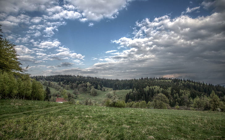 Wrzosowka 02, холмы, долина, небо, природа, красивая, безмятежная, леса, катящийся, поля, синий, облака, 3d и abstrac, HD обои