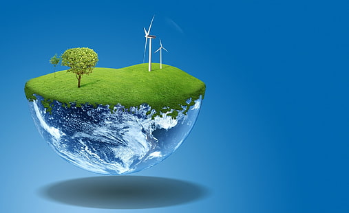 Go Green, вятърна мелница и земя, Aero, Creative, Nature, Green, green nature, go green, зелена планета, зелена земя, зелена енергия, вятърна енергия, зелени дървета, вятърни енергийни турбини, спаси планетата, спаси земята, HD тапет HD wallpaper