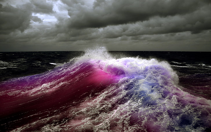 foto ombak pantai ungu, laut, air, ombak, manipulasi foto, berwarna-warni, Wallpaper HD
