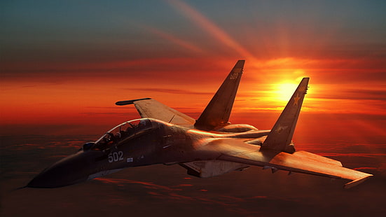 pesawat jet coklat dengan foto latar belakang matahari terbit, Su-30, Sukhoi, Flanker-C, pesawat tempur, Angkatan Udara Rusia, Rusia, matahari terbenam, Wallpaper HD HD wallpaper