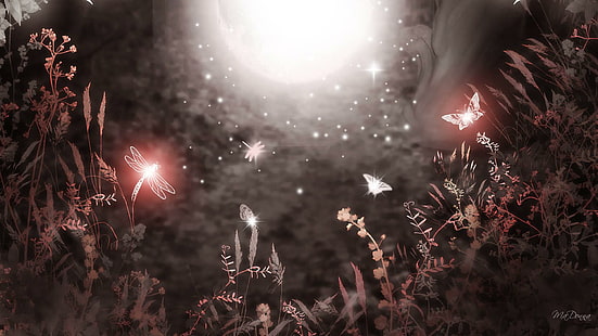 Borboletas libélulas brilhantes, persona do firefox, estrelas, libélula, gramíneas, brilhante, lua, plantas, 3d e abstrato, HD papel de parede HD wallpaper