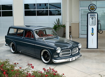 station wagon vintage nero, macchina, volvo, stazioni di servizio, p220, Sfondo HD HD wallpaper