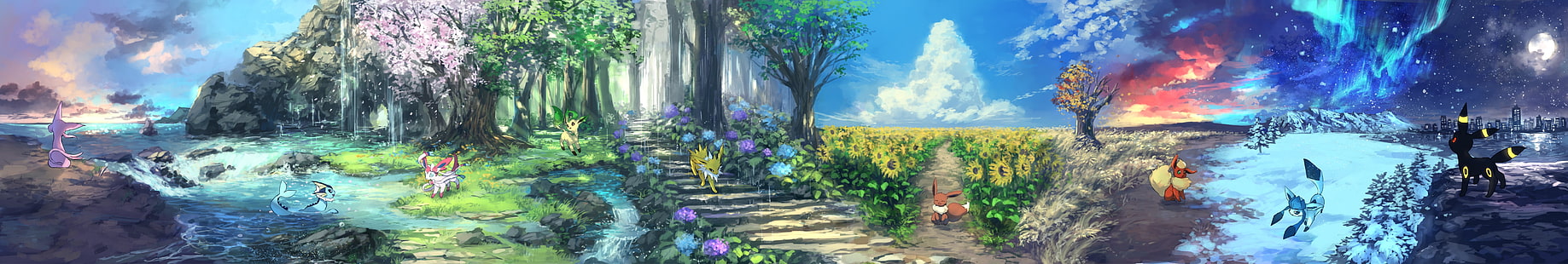 nature painting, Pokémon, dual monitors, winter, snow, forest, clouds, sunflowers, stairs, aurorae, sea, seasons, night, Moon, HD wallpaper HD wallpaper