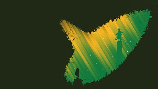 Зелено-желтая иллюстрация окарины, Зельда, Легенда о Зельде, минимализм, Линк, видеоигры, череп-малыш, HD обои HD wallpaper