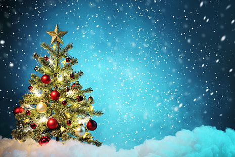зелено коледно дърво, звезди, сняг, украса, дърво, Нова година, коледна украса, коледно дърво, весела Коледа, коледни декорации, украшение, светлинни топки, леки топки, HD тапет HD wallpaper