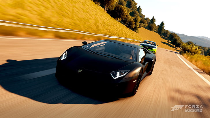 Forza Horizon 2, mobil, supercar, Lamborghini Aventador, Ford Mustang, video game, Wallpaper HD