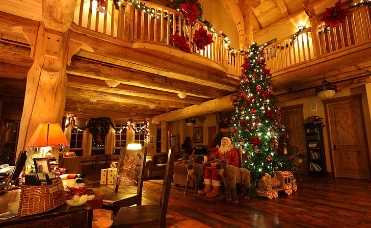Lodge at Christmas Time fondo de pantalla HD, árbol de navidad verde, vacaciones, navidad, vacaciones, lodge, tiempo de navidad, árbol de navidad, santa, Fondo de pantalla HD