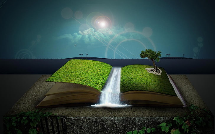 seni buku hijau dan coklat alam, alam, buku, warna-warni, seni digital, pohon, Wallpaper HD