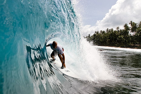 white surfboard, surfers, surfing, sports, sea, HD wallpaper HD wallpaper
