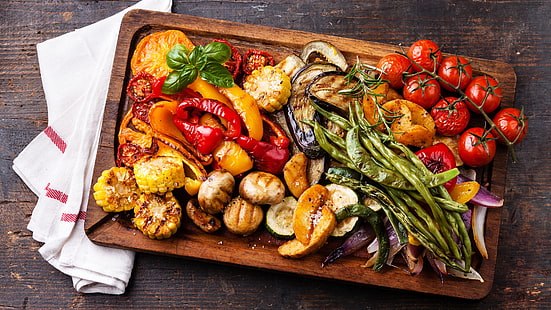зеленчук, храна, чиния, вегетарианска храна, барбекю, скара, скара, плато, HD тапет HD wallpaper