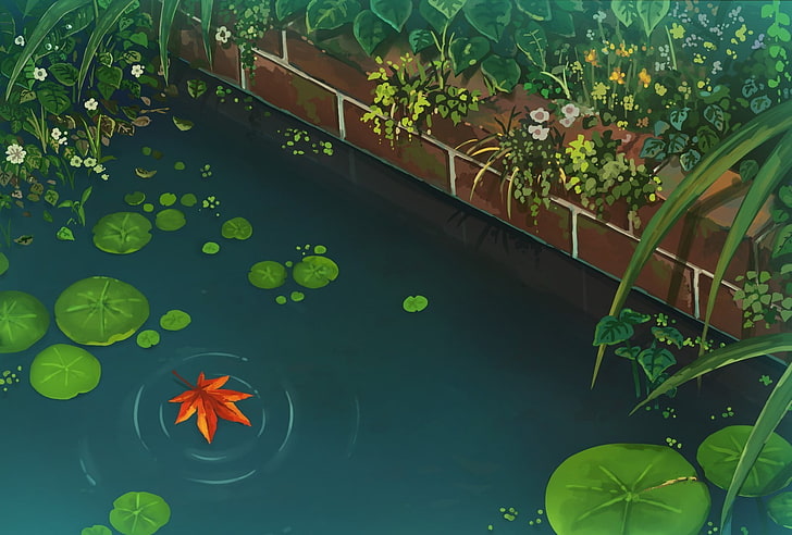 green waterlilies, garden, Japanese Garden, fall, artwork, HD wallpaper