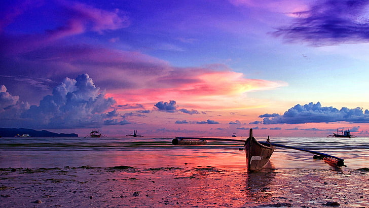 bote, canoa utrigger, banka, bote de pesca, filipino, playa, filipinas, calma, tarde, anochecer, cielo, nube, cielo rosado, agua, orilla, resplandor crepuscular, reflejo, horizonte, puesta de sol, mar, Fondo de pantalla HD