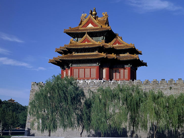 Asia, architecture, building, ancient, trees, Forbidden City, corner tower, wall, willows, HD wallpaper