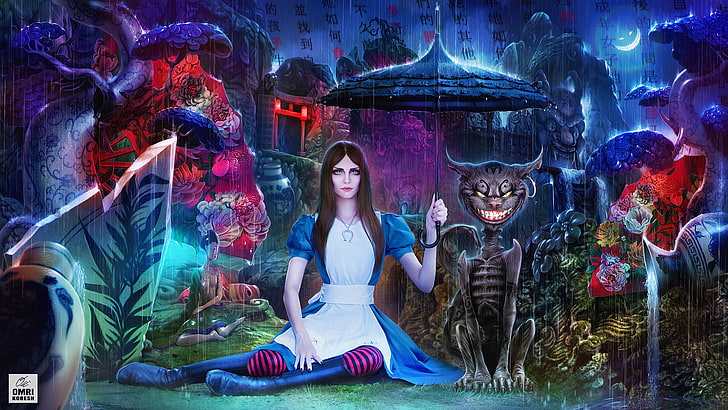 woman beside cat digital wallpaper, cat, girl, rain, umbrella, Cheshire cat, art, wonderland, alice, madness returns, Alice: Madness Returns, HD wallpaper