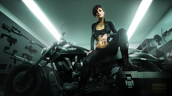 поза, оружие, женщина, мотоцикл, тату, крутая девчонка, HD обои HD wallpaper