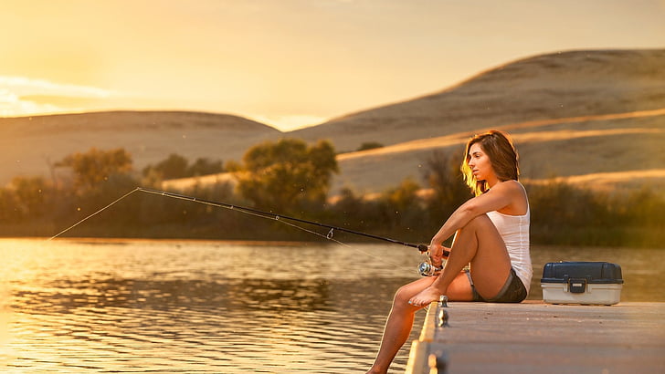 girls-women-lake-rod-fishing-fisherwoman, photography, HD wallpaper