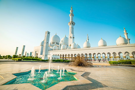 Moskéer, Sheikh Zayeds stora moské, fontän, HD tapet HD wallpaper