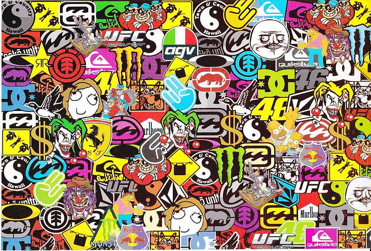 collage de lote de productos multicolores, Sticker Bomb, palos, bombas, Fondo de pantalla HD