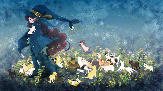 penyihir, kawaii, seni anime, anime, gadis anime, kucing, Wallpaper HD HD wallpaper