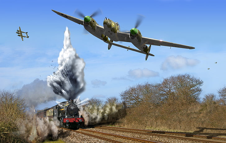 black train game allpaperw, smoke, figure, train, art, fighters, couples, aircraft, WW2, American, heavy, the bombing, Lockheed P-38, 