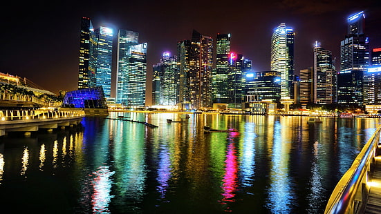 Singapur, Asia, ciudad, noche, luces, rascacielos, Singapur, Asia, ciudad, noche, luces, rascacielos, Fondo de pantalla HD HD wallpaper
