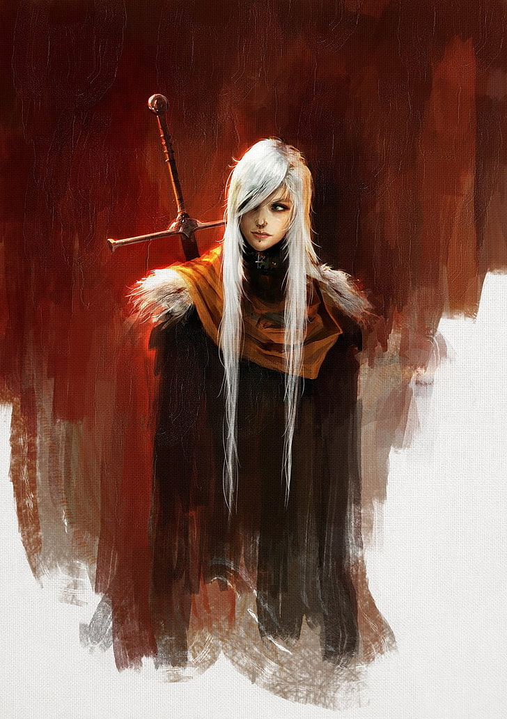 pessoa de cabelos brancos com espada ilustração, guerreiro, arte de fantasia, HD papel de parede, papel de parede de celular