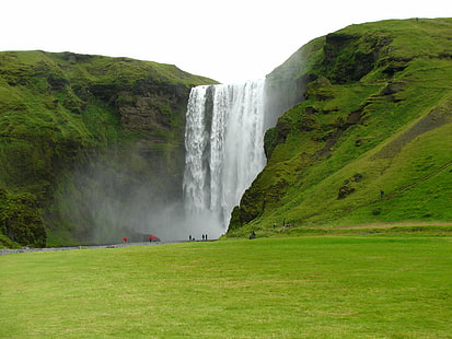 Водопад Скоугафосс, Skógafoss, Водопад Скоугафосс, Европа, Исландия, путешествие на автомобиле, водопад, природа, пейзаж, вода, пейзажи, зеленый цвет, HD обои HD wallpaper