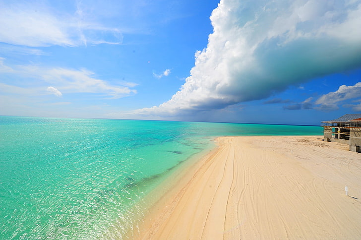 white clouds and white sands, beach, summer, sea, sand, tropical, clouds, turquoise, Caribbean, vacation, island, nature, landscape, HD wallpaper