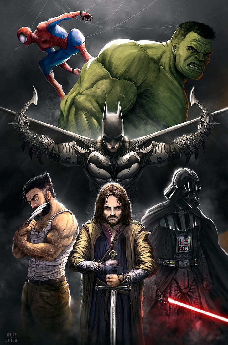 Marvel-Comics, Spider-Man, Wolverine, Hulk, DC-Comics, Batman, Star Wars, Der Herr der Ringe, Aragorn, Darth Vader, X-Men, HD-Hintergrundbild, Handy-Hintergrundbild