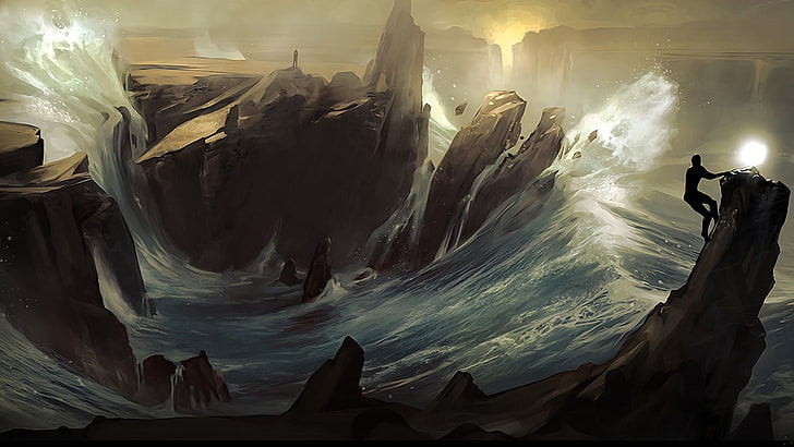 pintura de olas del mar, del polvo, olas, montañas, naturaleza, fan art, Fondo de pantalla HD