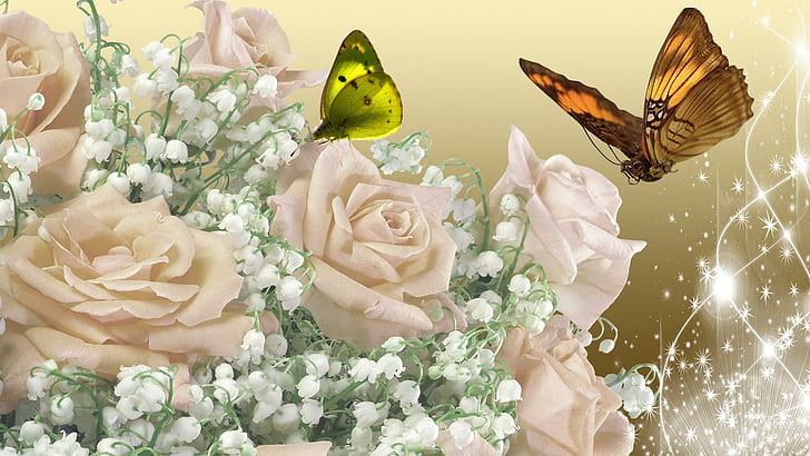 Abricot Roses Shine, roses, muguet, romantique, étoiles, fleurs, paillettes, éclat, papillons, lueur, été, 3d et, Fond d'écran HD