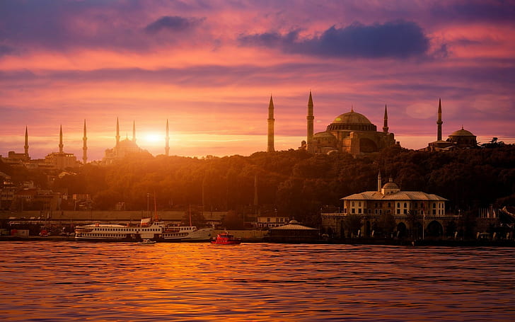 مدينة سيتي سكيب اسطنبول تركيا مسجد السلطان احمد هاجيا صوفيا بحر البوسفور الغروب سفينة الهندسة المعمارية العمارة الإسلامية، خلفية HD