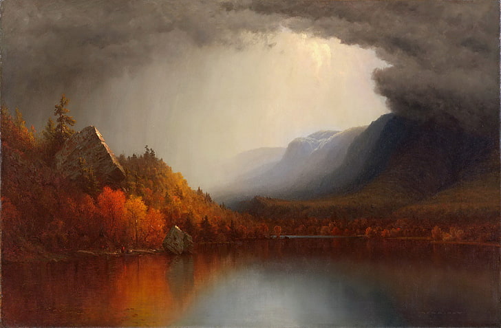 mountain beside body of water painting, autumn, forest, landscape, clouds, lake, picture, Sanford Robinson Gifford, HD wallpaper