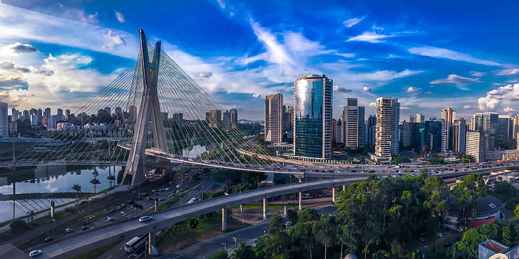 архитектурный дизайн, архитектура, синий, Бразилия, мост, здания, бизнес, город, городской пейзаж, строительство, дизайн, район, центр города, инжиниринг, скоростная автомагистраль, экстерьер, фасад, финансы, финансовый, высотный, HD обои