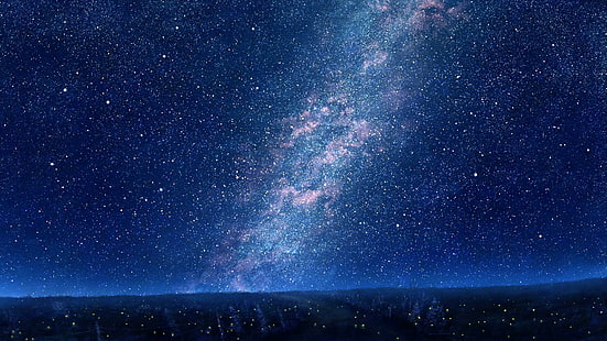 Stars, blue sky, night, trees, sky fantasy, stars, blue sky, night, trees, sky fantasy, HD wallpaper HD wallpaper