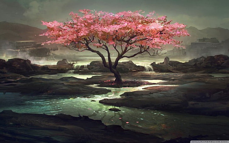 вишнево дърво дигитален тапет, фентъзи изкуство, черешов цвят, поток, HD тапет