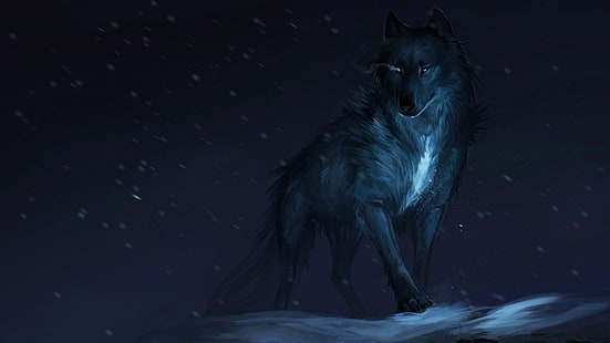wolf, fantasy art, winter, snowfall, night, darkness, art, sky, wildlife, werewolf, HD wallpaper HD wallpaper