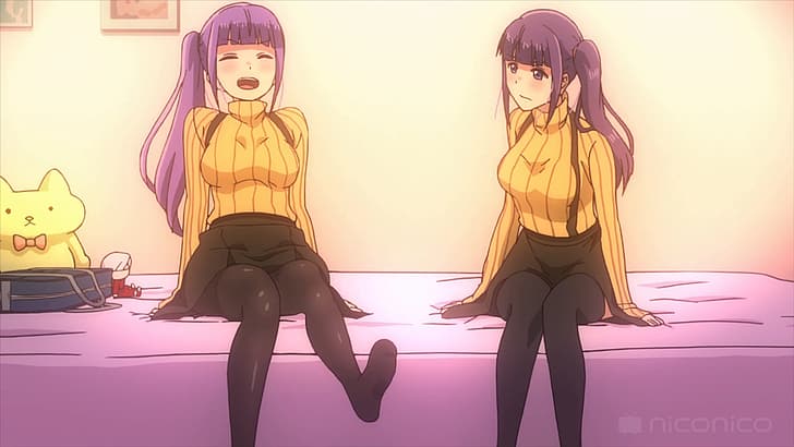 anime, Anime screenshot, anime girls, twins, purple hair, Iya na Kao Sare Nagara Opantsu Misete Moraitai, HD wallpaper
