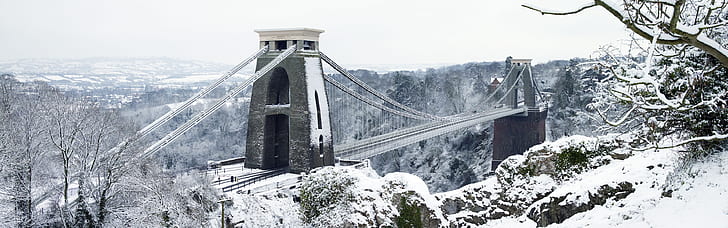 クリフトン吊り橋、ブリストル、イングランド、冬、雪、クリフトン、吊り橋、橋、ブリストル、イングランド、冬、雪、 HDデスクトップの壁紙