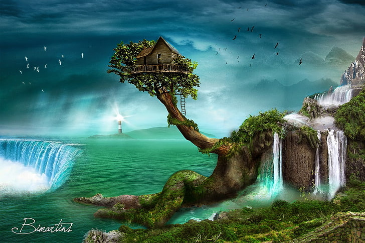 casa en la parte superior del árbol en la parte superior del cuerpo de agua, arte de fantasía, arte, arte digital, pixelado, montañas, otoño, casa, pájaros, agua, faro, árboles, Fondo de pantalla HD