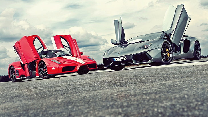 Lamborghini, Ferrari, carro, veículo, carros vermelhos, carros prateados, HD papel de parede