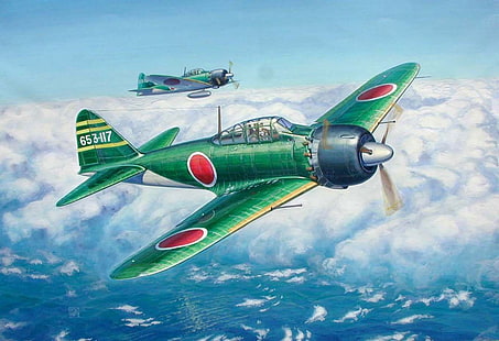 green biplane illustration, Japan, World War II, Zero, Mitsubishi, airplane, military, military aircraft, aircraft, Japanese, artwork, HD wallpaper HD wallpaper