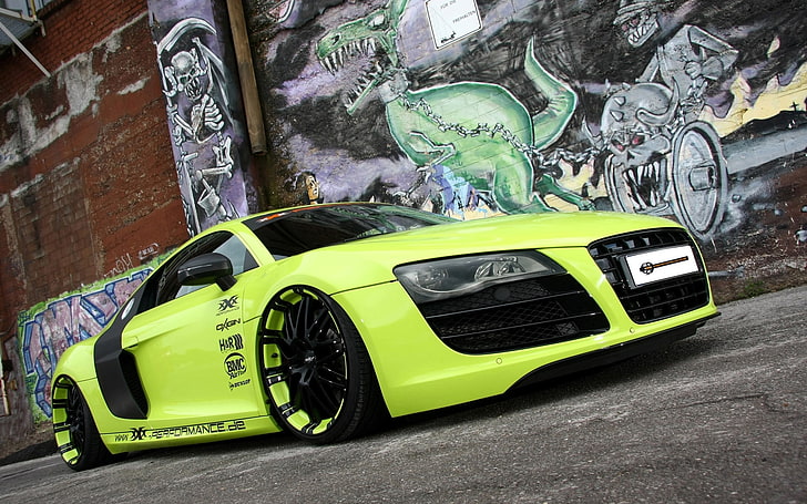 green Audi R8 sports coupe, background, wall, Audi, tuning, green, supercar, grafiti, the front, V10, B10, XXX Performance, HD wallpaper