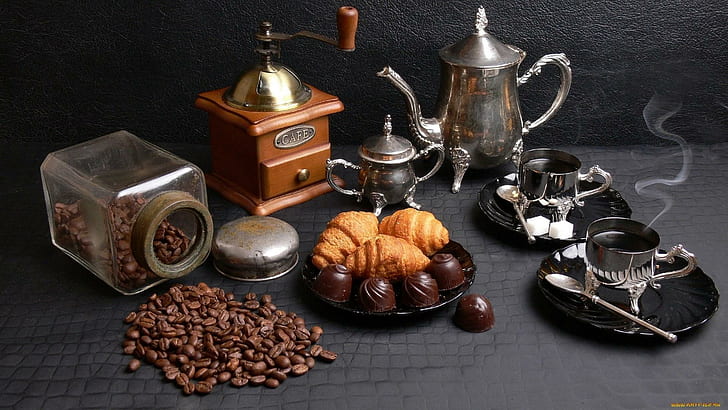 Kaffe, teservis i rostfritt stål, kaffekvarn och kaffebönor, härlig, fotografi, kärlek, kaffe, kaffebönor, vacker, morgon, 3d och abstrakt, HD tapet