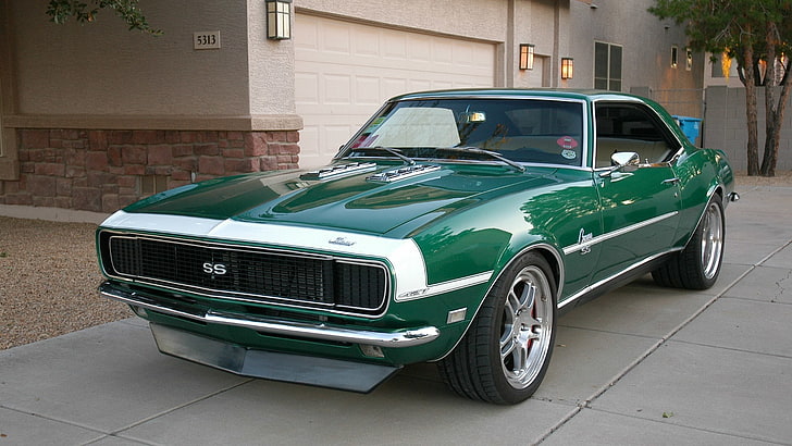 vintage green coupe, Chevrolet, Camaro, Green, Chevy, Super Sport, Muscle car, '1968, Package Included Super Sport, 1968, Color green, HD wallpaper