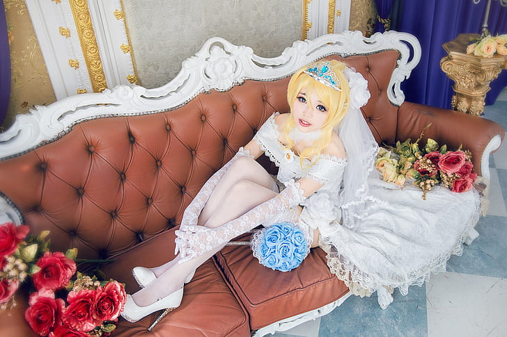 look, girl, decoration, flowers, pose, style, room, sofa, sweetheart, white, feet, roses, interior, stockings, hands, makeup, blonde, shoes, floor, gloves, image, Asian, curtains, sitting, the bride, shoulders, veil, blue, curls, wedding dress, gentle, hem, bouquets, leather, dark eyes, HD wallpaper