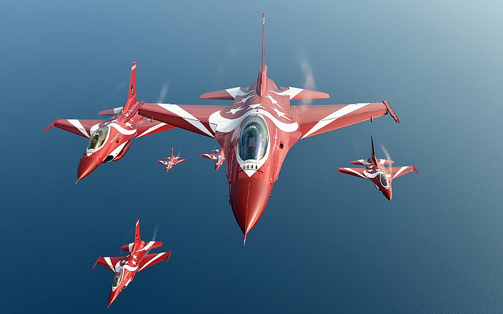 خمس طائرات نفاثة حمراء ، جنرال دايناميكس F-16 Fighting Falcon ، طائرة مقاتلة ، سلاح الجو الأمريكي ، HD، خلفية HD