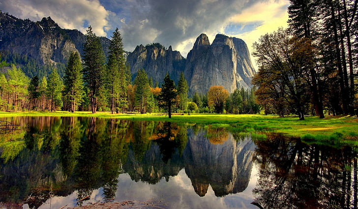 Национален парк Йосемити, Национален парк Йосемити, САЩ, Йосемити, Калифорния, езеро, вода, отражение, дървета, планини, природа, HD тапет