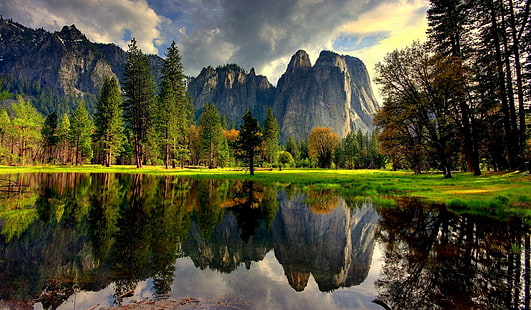 منتزه يوسمايت الوطني ، منتزه يوسمايت الوطني ، الولايات المتحدة الأمريكية ، يوسمايت ، كاليفورنيا ، بحيرة ، ماء ، انعكاس ، أشجار ، جبال ، طبيعة، خلفية HD HD wallpaper