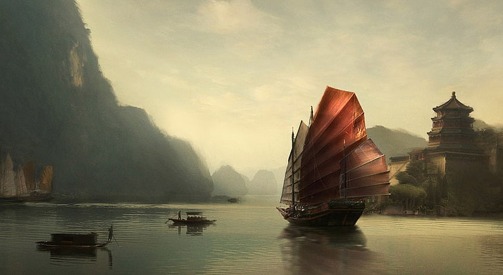 سفينة خردة اللوحة الصينية ، سفينة شراعية بنية ، فنية ، خيال ، سفينة ، جميلة ، مياه ، رقمية ، عمل فني ، صيني ، لوحة ، خردة، خلفية HD